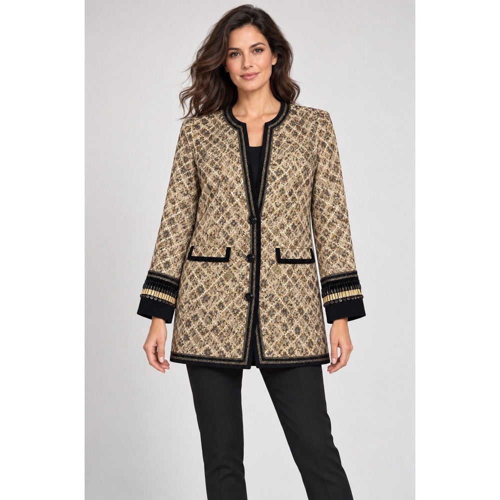 Chico's Jacket Womens Size 1 M Gold Black Jacquard Beaded Cuffs Longline Button